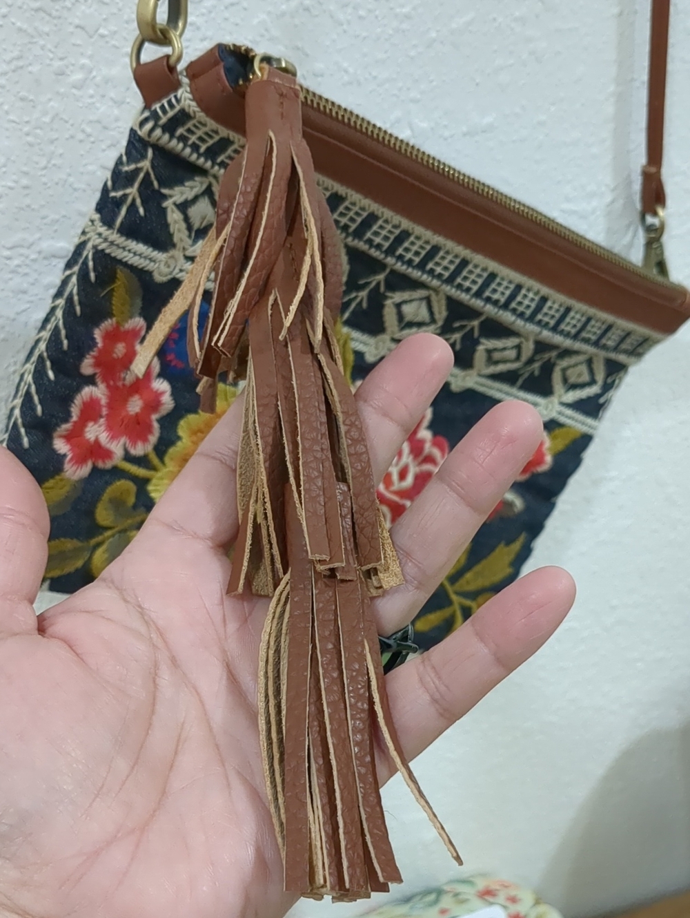JOHNNY WAS Hand-Embroidered Floral Crossbody Bag with Tassel - Denim and Brown - Picture 3 of 12